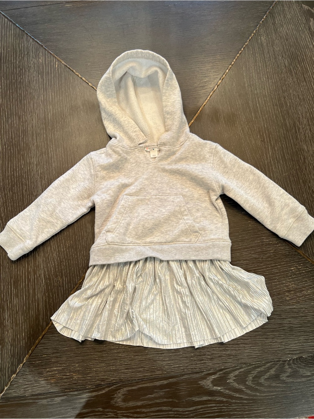 Crewcuts Light Gray Hooded Sweatshirt Dress with Shiny Pleated Skirt